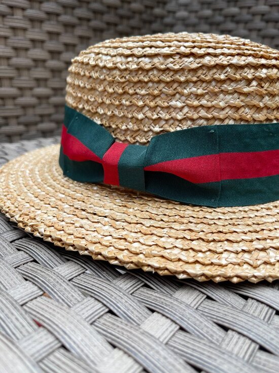 New Bruno Capelo Boater Italia Natural Straw Hat Green Red Ribbon S/M main image 4